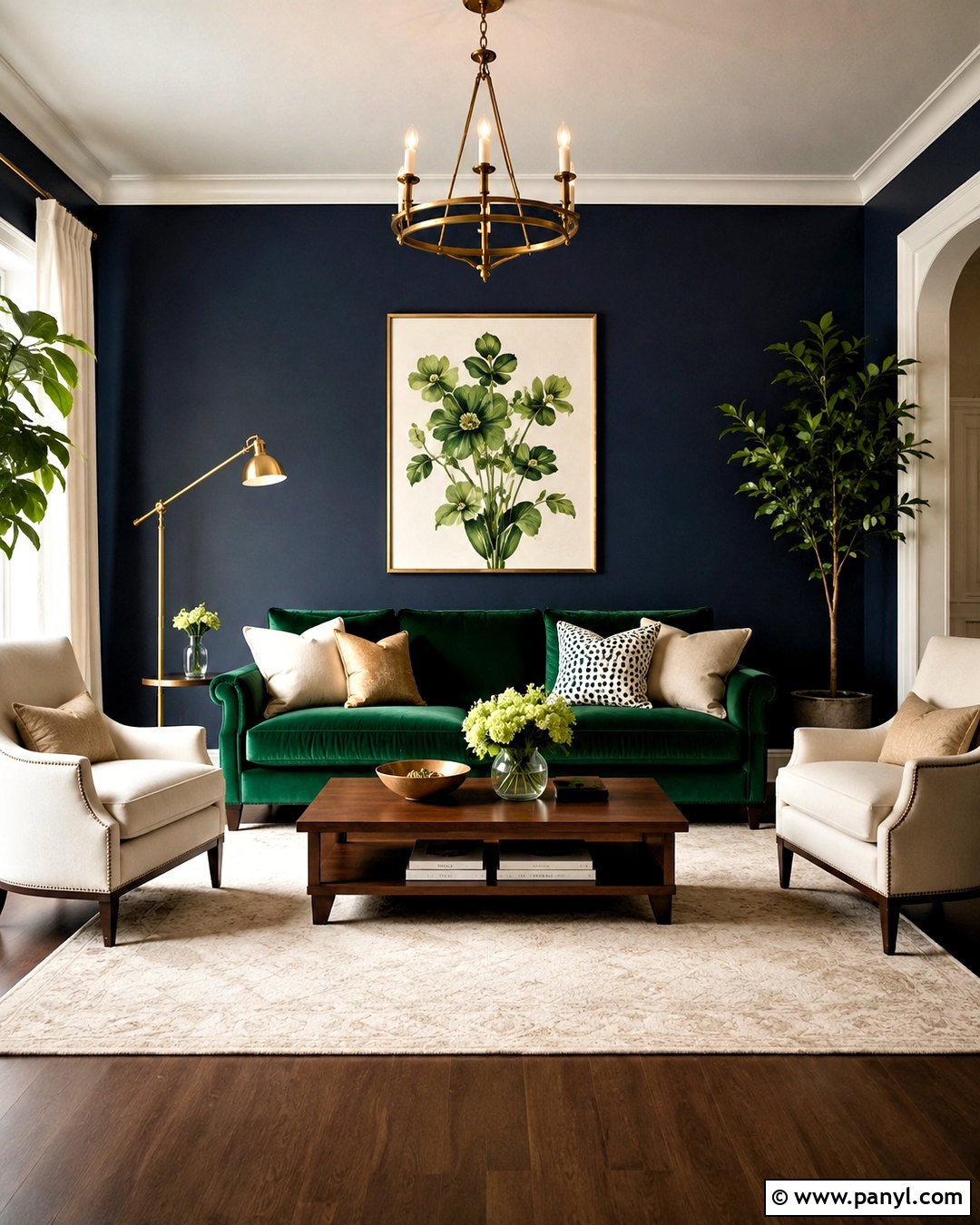 Navy Walls With an Emerald Green Sofa - 20 navy blue and green living room ideas