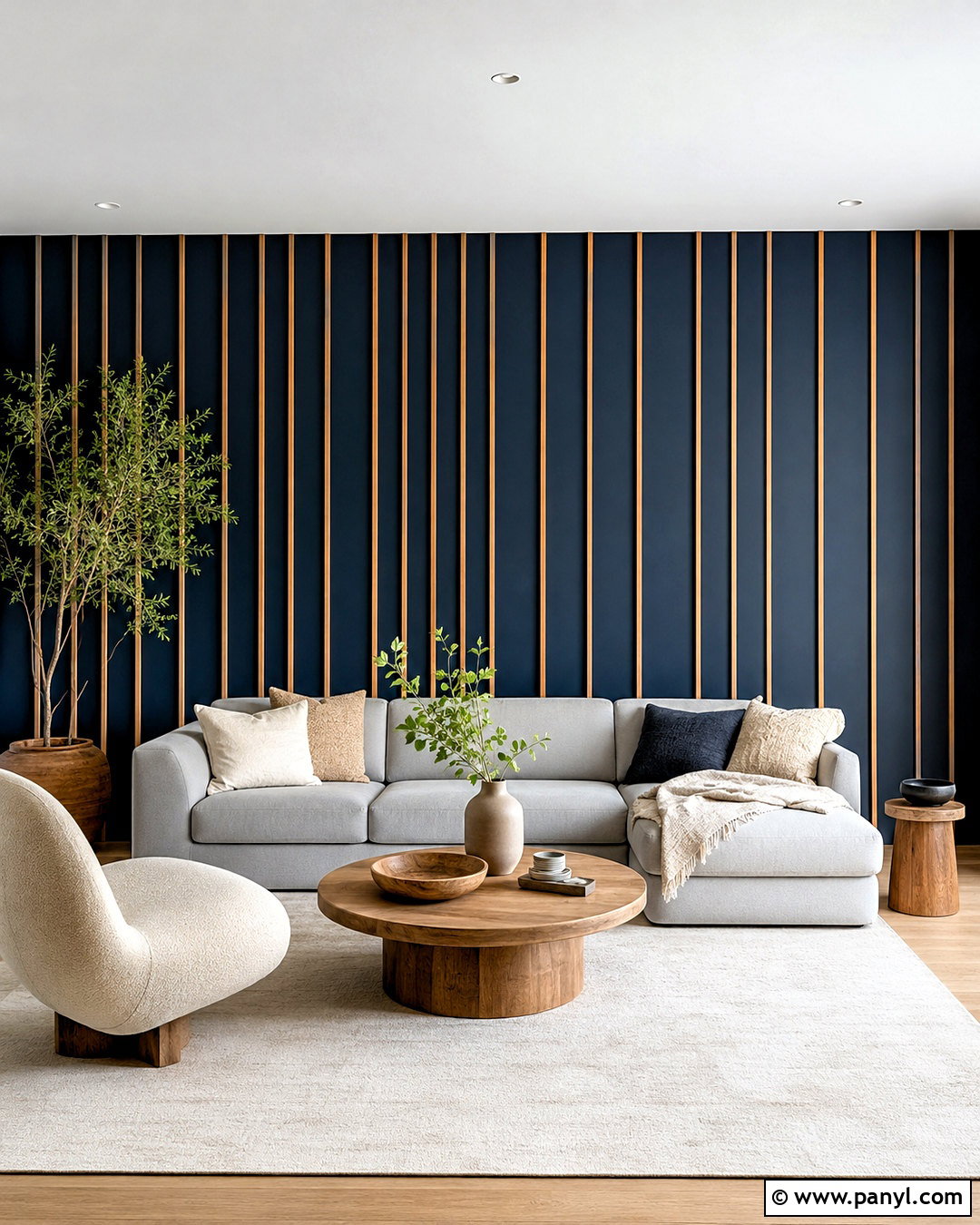 Navy Wood Slat Feature Wall - 20 navy feature wall living room ideas