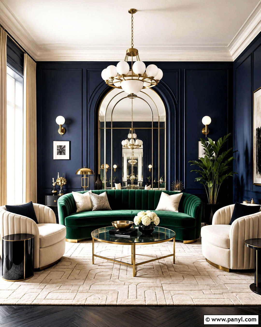 Navy and Green Art Deco Living Room - 20 navy blue and green living room ideas