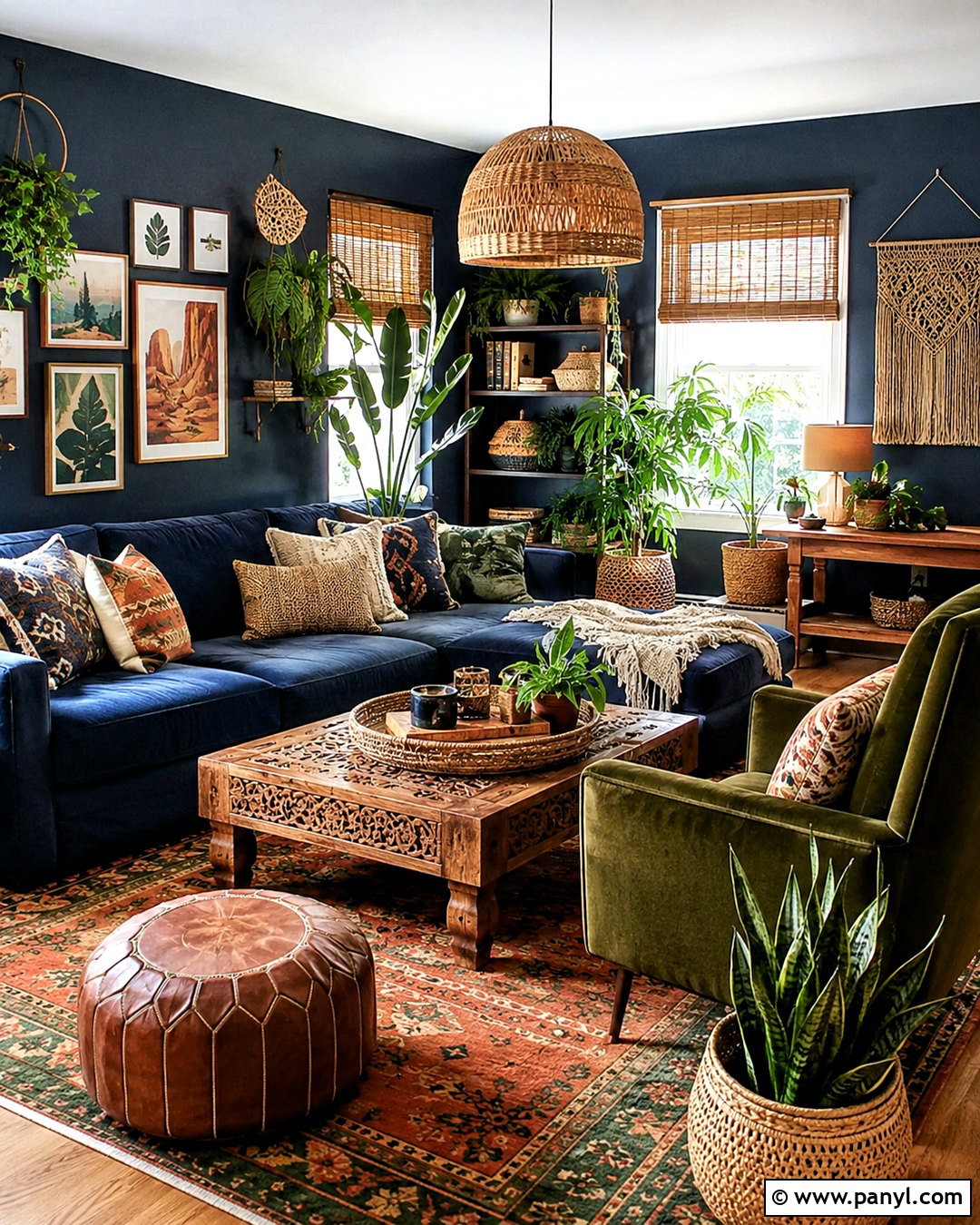Navy and Green Boho Living Room - 20 navy blue and green living room ideas