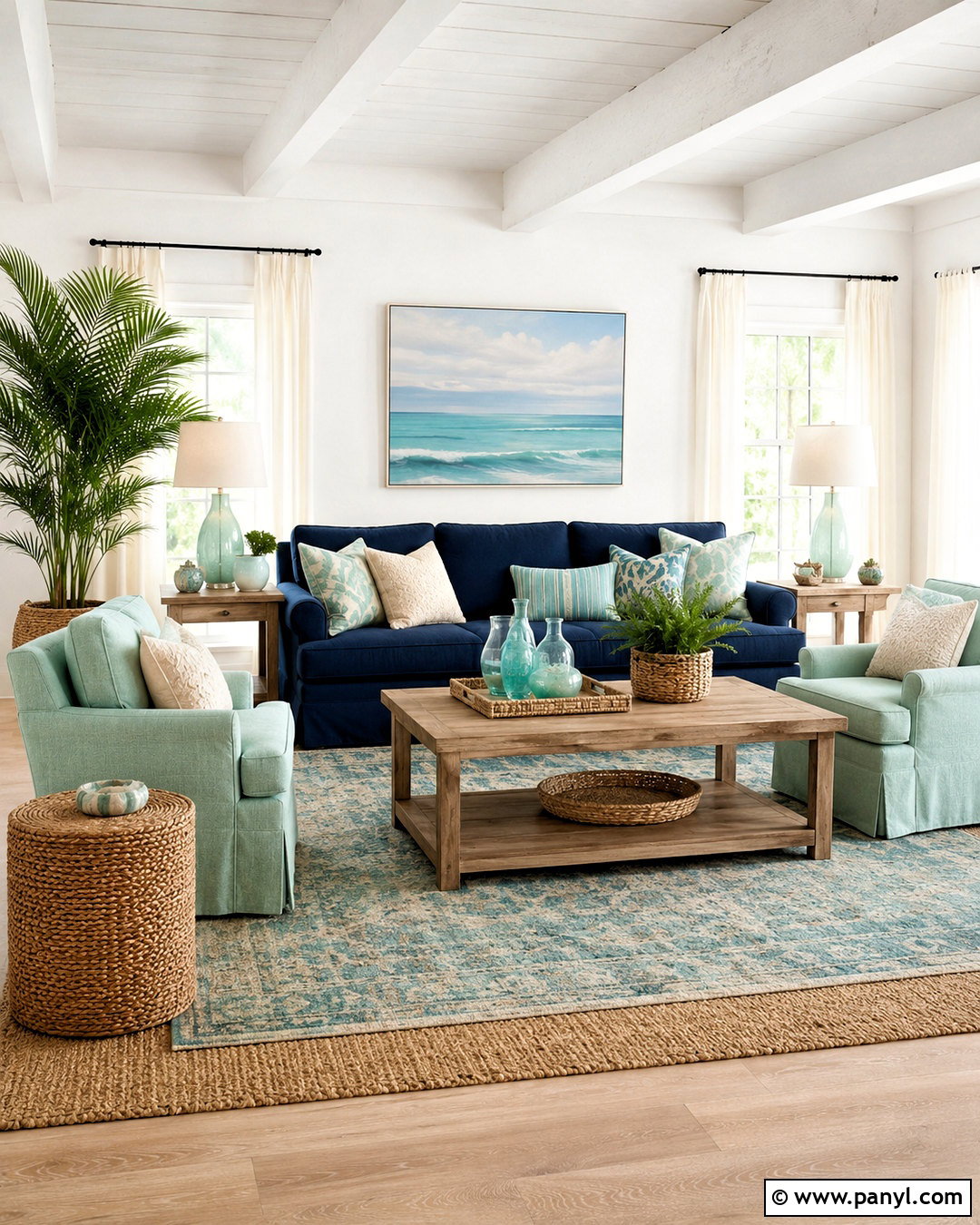 Navy and Green Coastal Living Room - 20 navy blue and green living room ideas