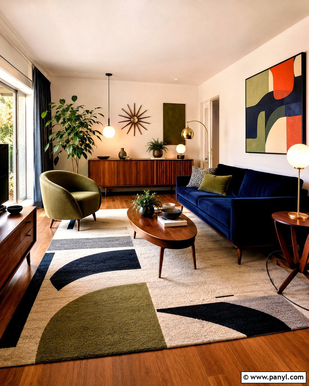 Navy and Green Midcentury Living Room - 20 navy blue and green living room ideas