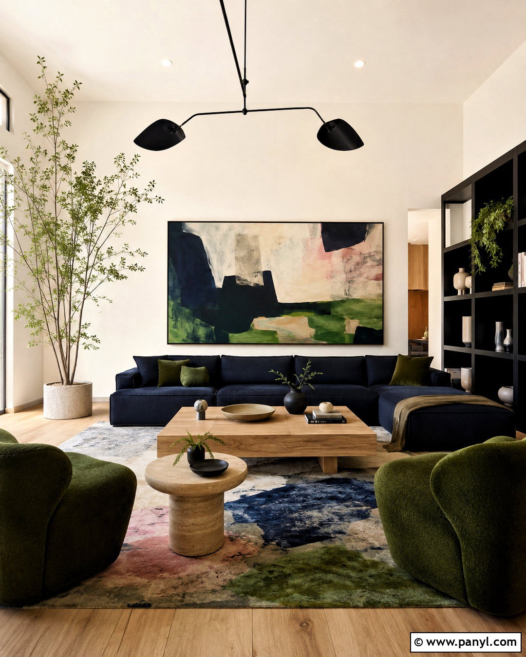 Navy and Green Modern Living Room - 20 navy blue and green living room ideas