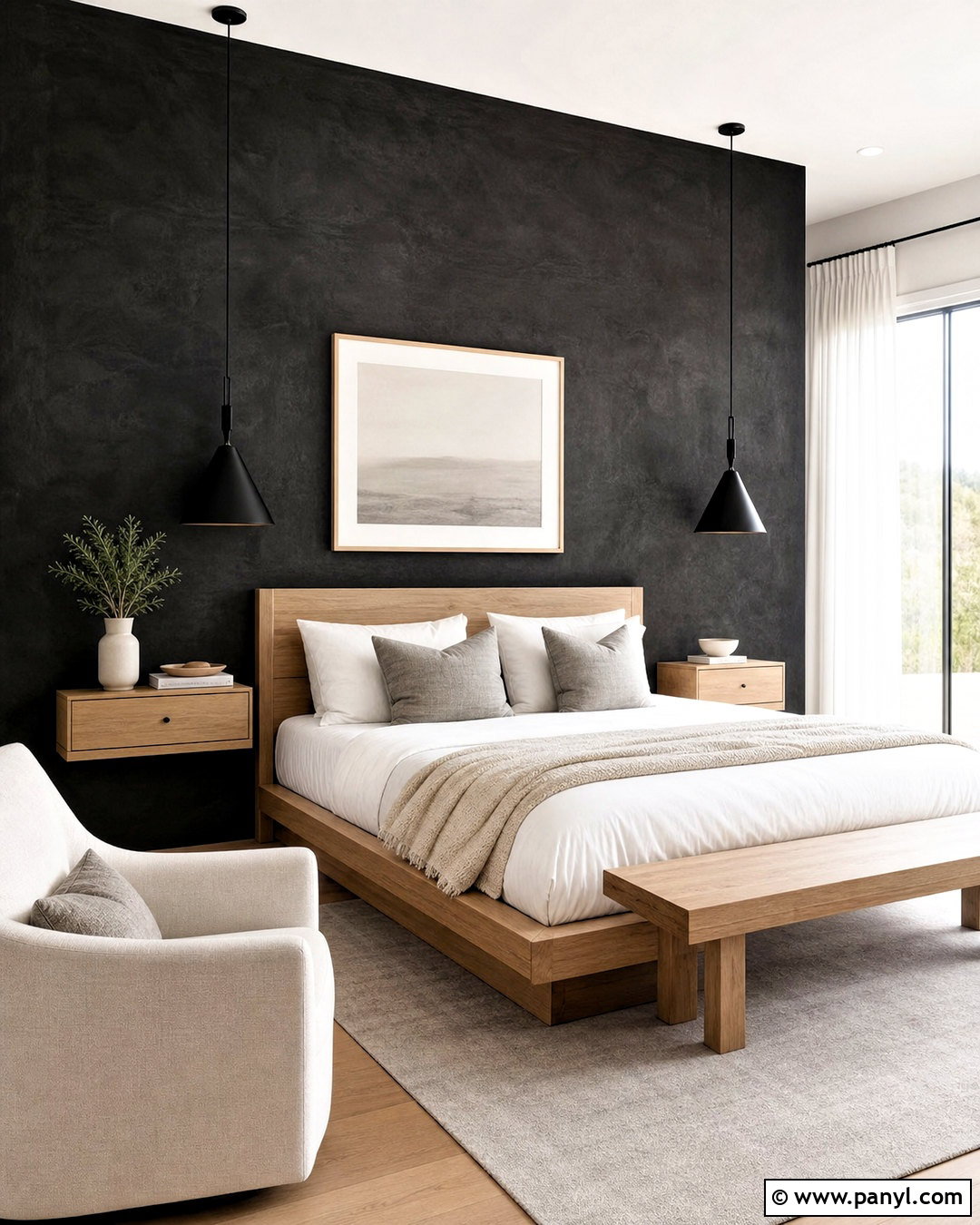 Near Black Limewash Walls In A Modern Bedroom - 20 dark limewash walls