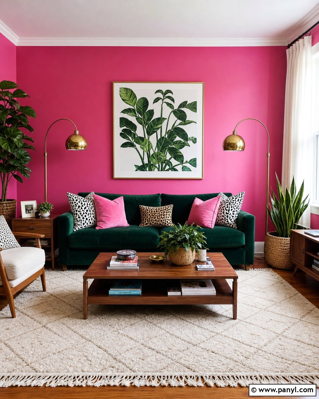 Neon Pink Accent Wall With Emerald Green Sofa - 20 Neon Pink Accent Wall Ideas