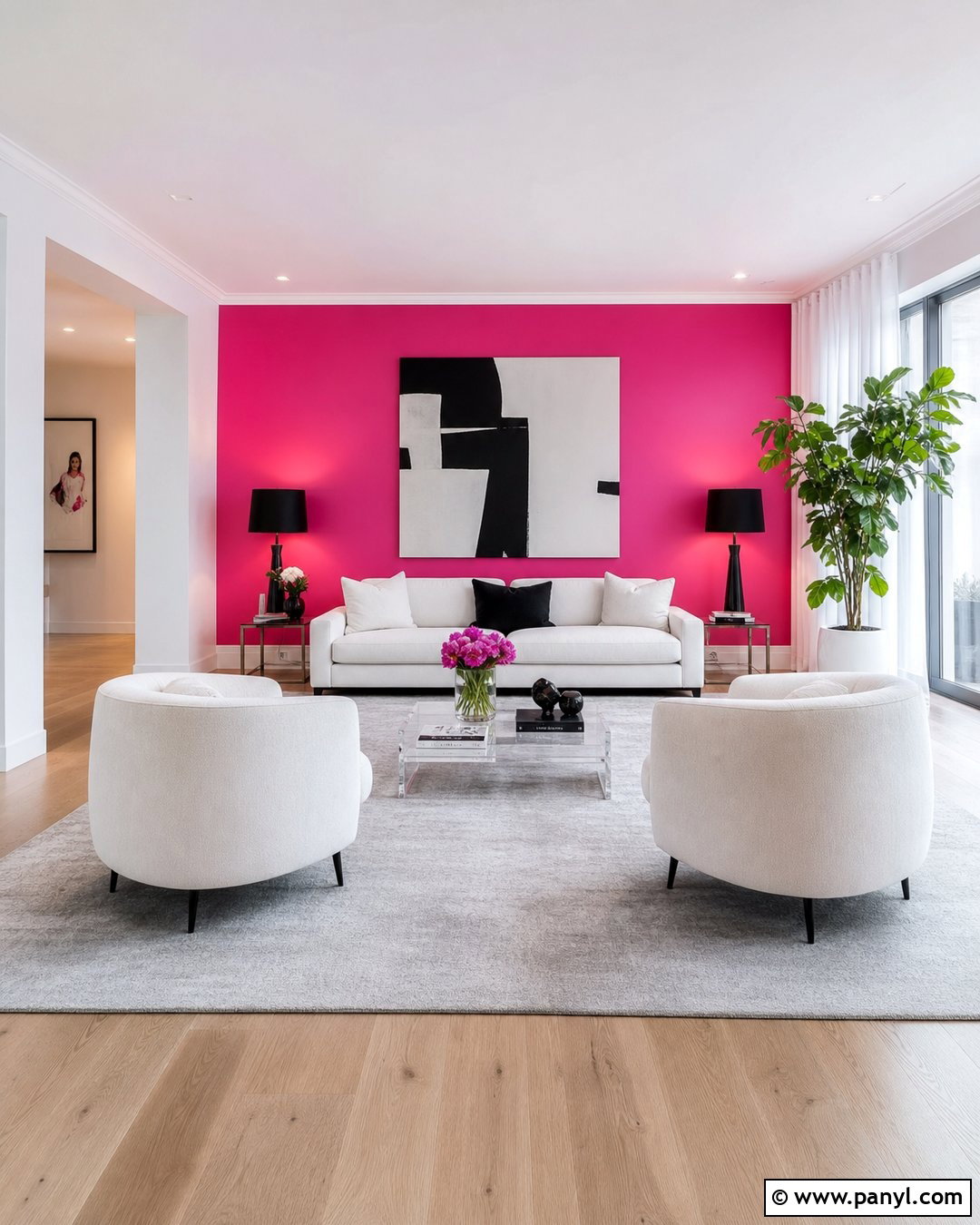 Neon Pink Accent Wall With White Furniture - 20 Neon Pink Accent Wall Ideas