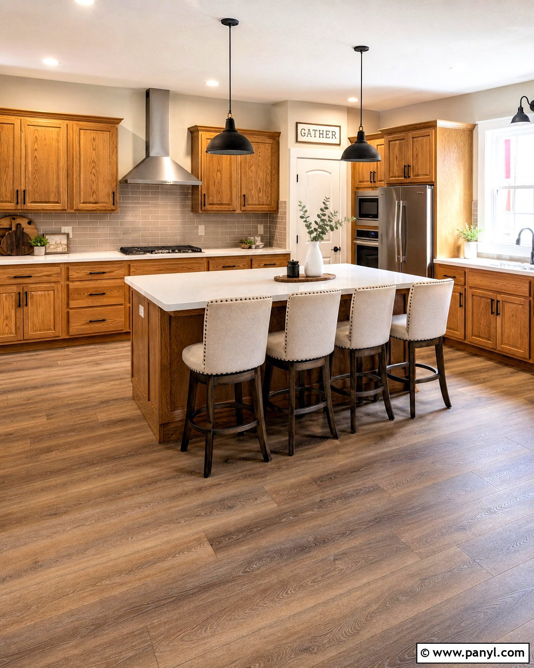 Neutral Chestnut Laminate Flooring - 20 honey oak cabinets flooring ideas