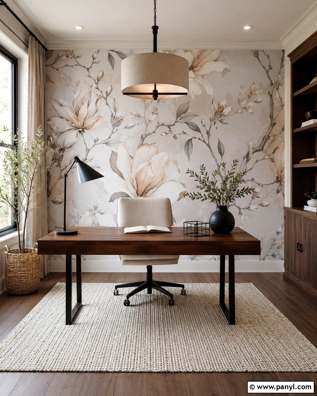 Neutral Floral Mural Office Wall - 20 Floral Accent Wall Office Ideas