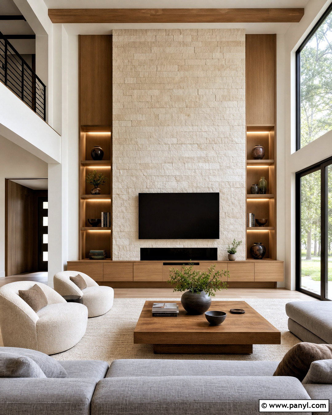 Oak And Stone TV Wall - 20 high ceiling tv wall ideas