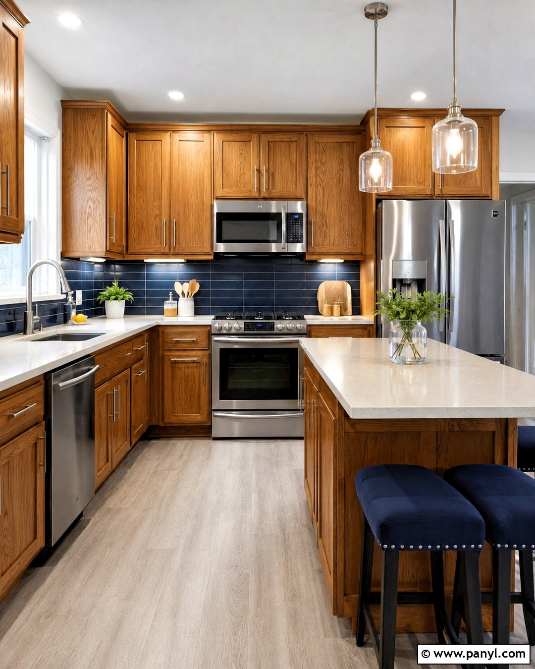 Oak Cabinets With Navy Backsplash - 20 oak cabinet kitchen ideas
