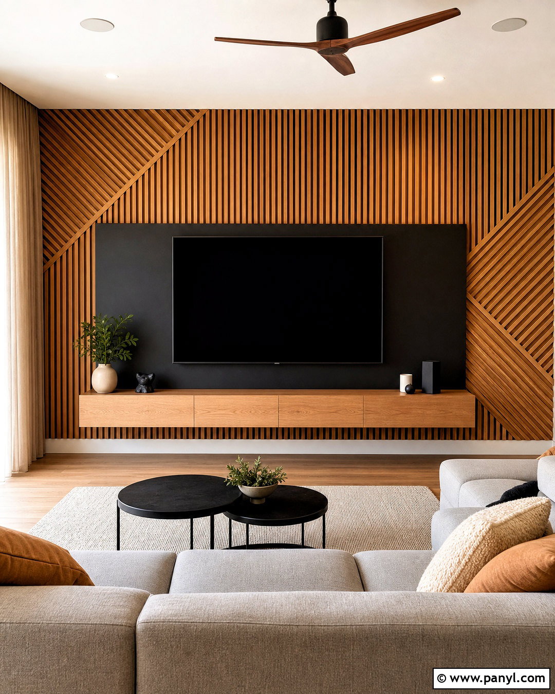 Oak Slat Geometric TV Wall - 20 geometric feature wall ideas