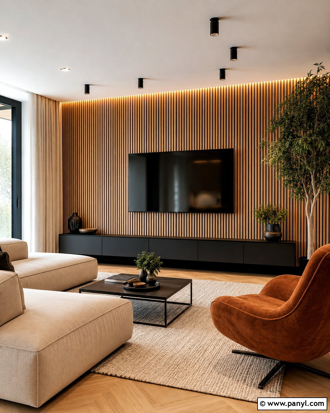 Oak Slat Living Room TV Wall - 20 living room wall designs
