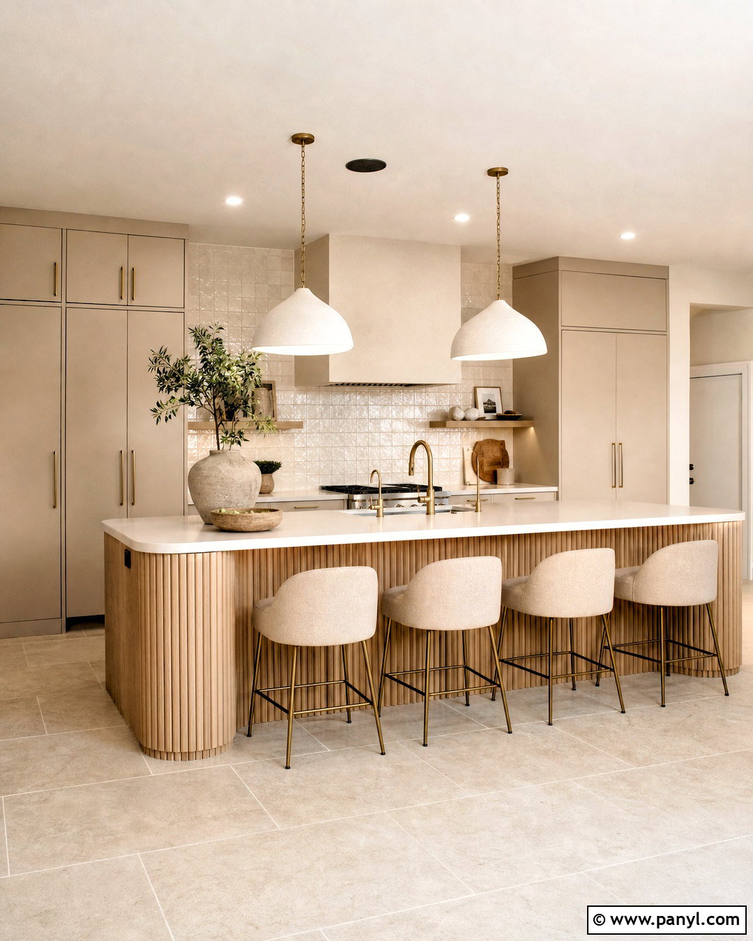 Oatmeal Kitchen With Fluted Wood Island - 20 warm neutral kitchen ideas