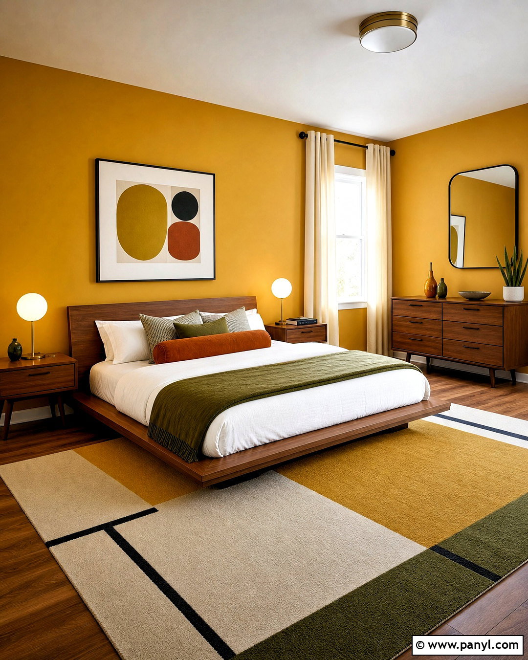 Ochre Midcentury Bedroom - 20 yellow bedroom aesthetic ideas