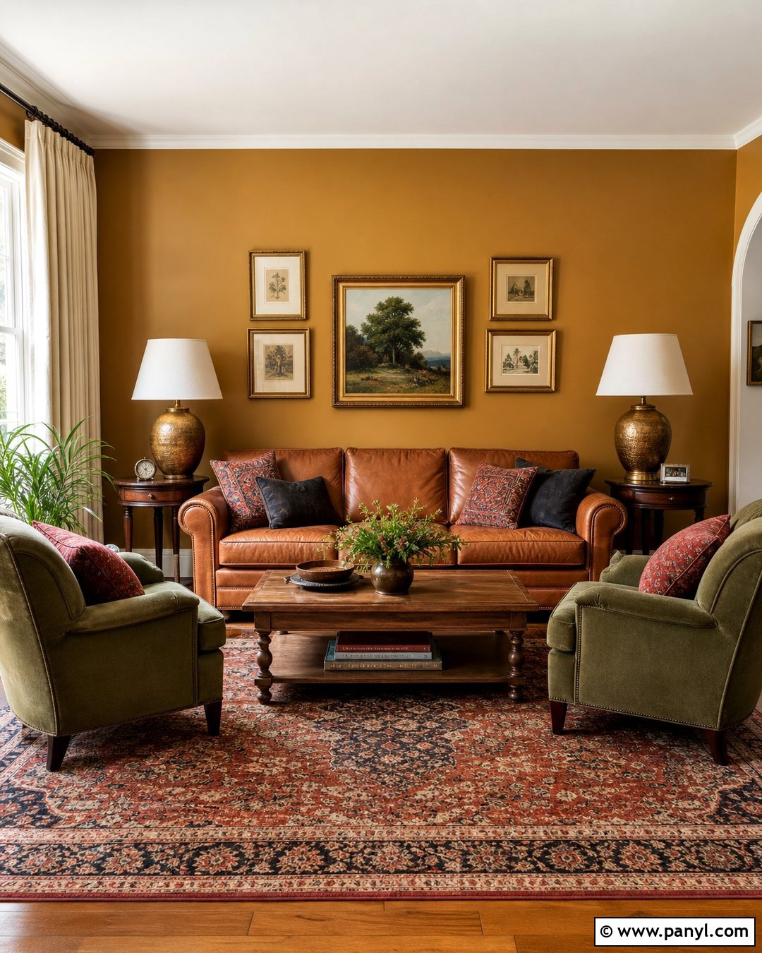 Ochre Yellow Accent Wall With Brown Leather Sofa - 25 Yellow Accent Wall Living Room Ideas