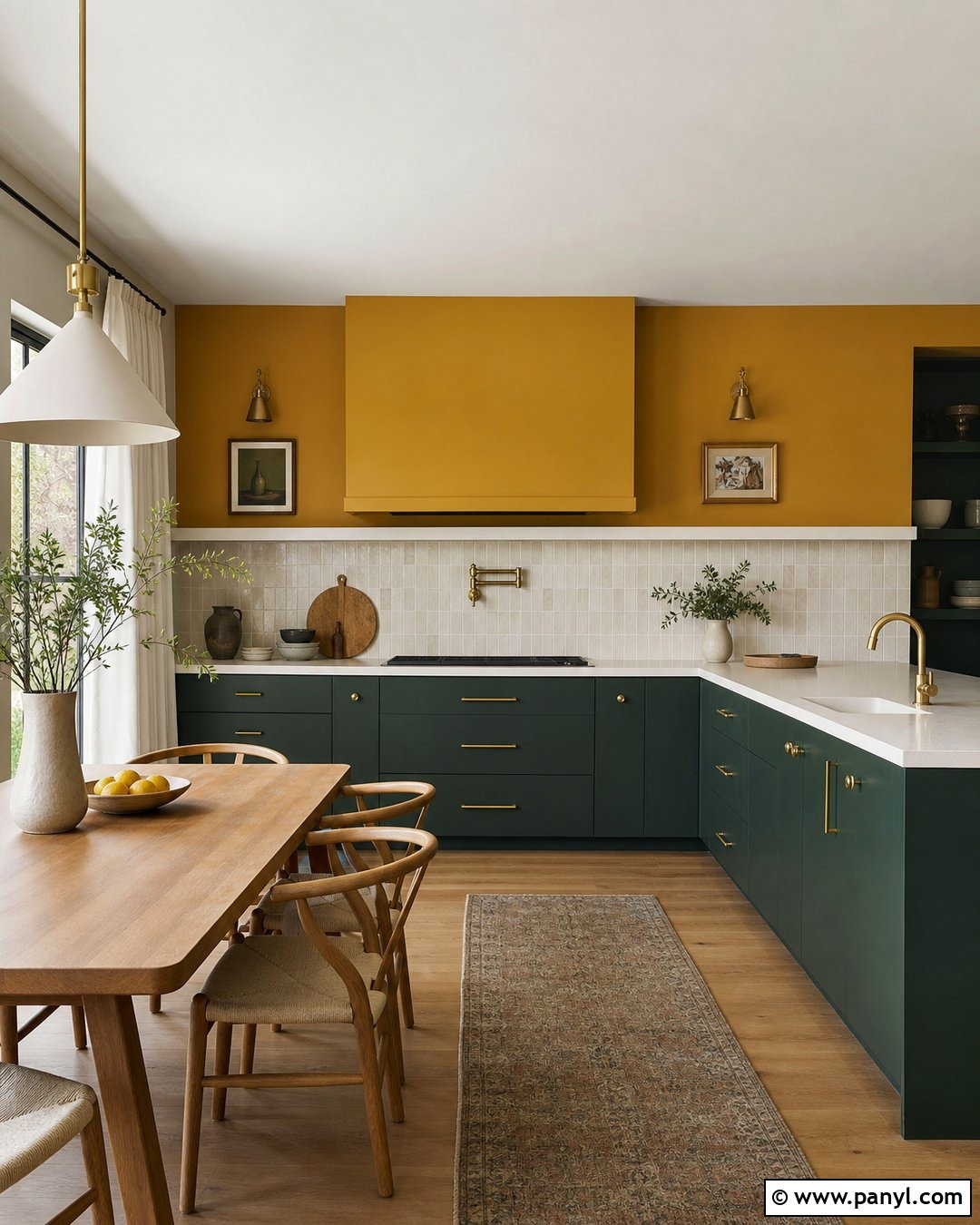 Ochre Yellow Accent Wall With Green Cabinets - 20 Modern Kitchen With Yellow Accent Wall Ideas