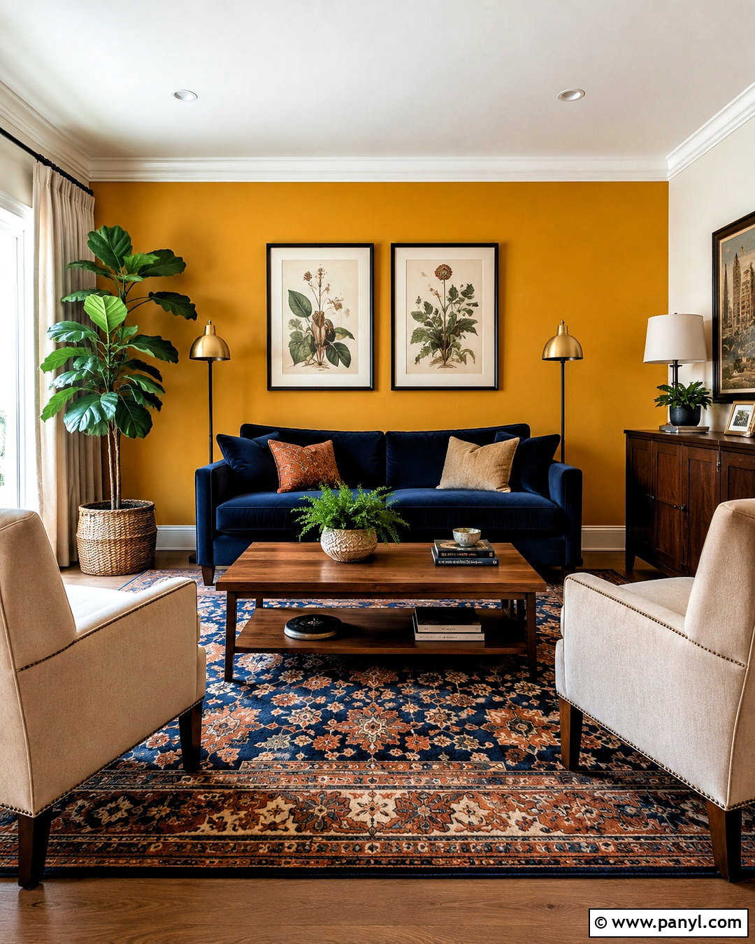 Ochre Yellow Accent Wall With Navy Sofa - 20 cozy living room with yellow accent wall ideas
