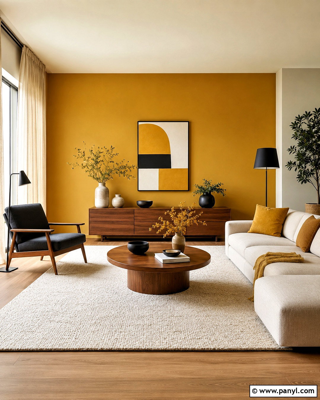 Ochre Yellow Accent Wall With Walnut Furniture - 20 ochre yellow ideas