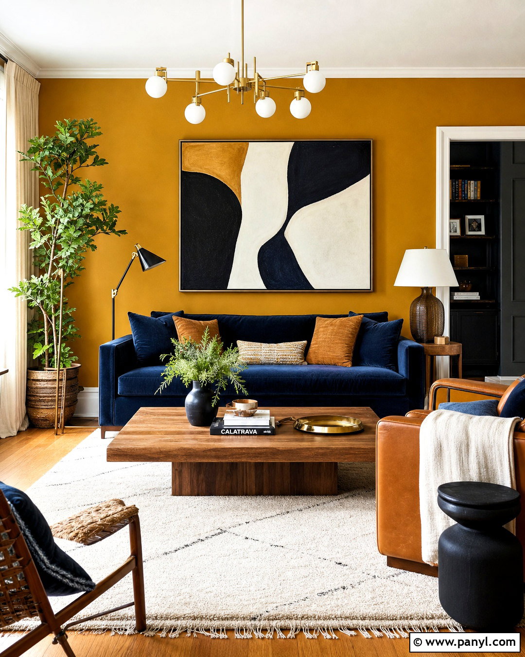 Ochre Yellow Feature Wall With Navy Sofa - 20 yellow feature wall living room ideas