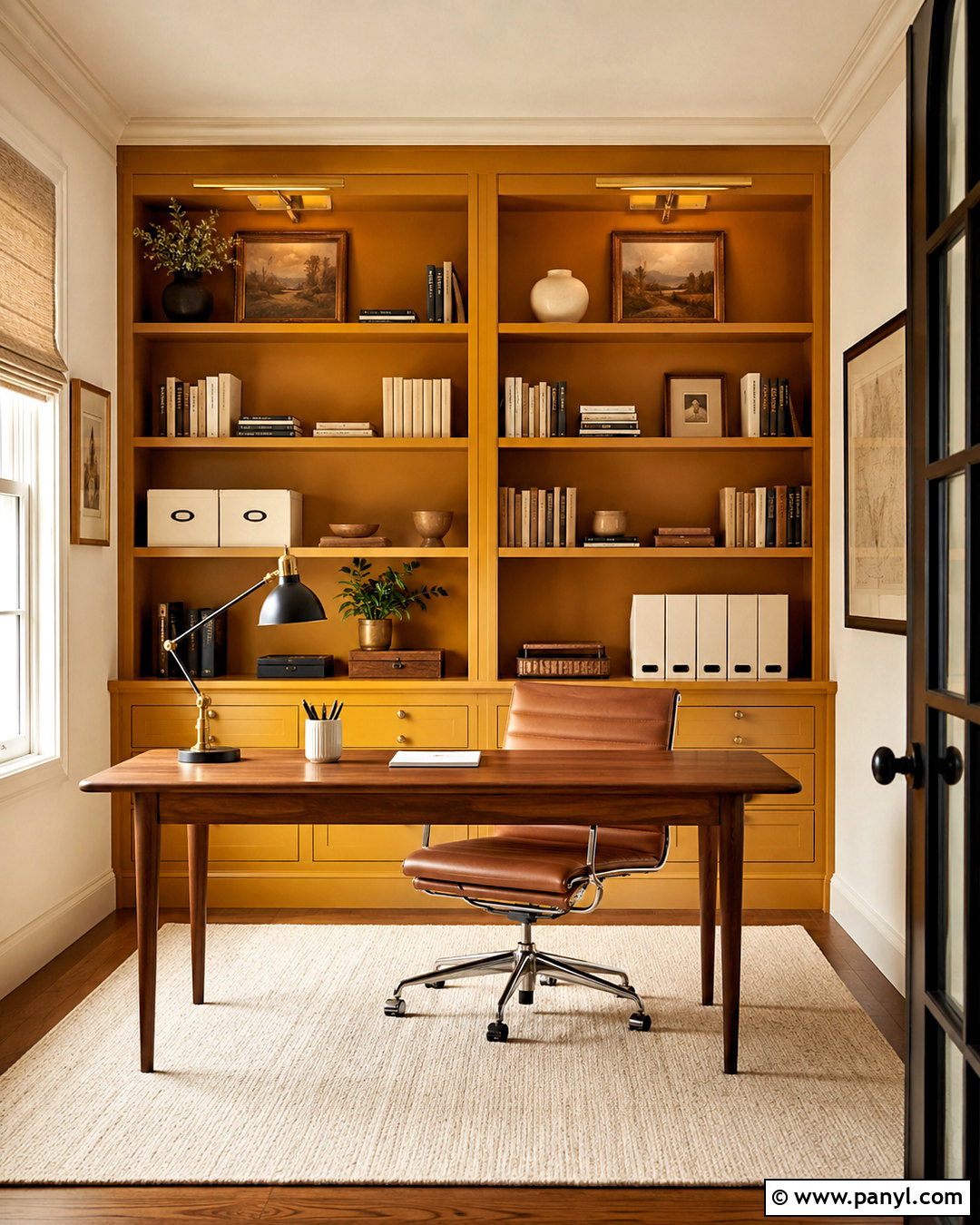 Ochre Yellow Home Office With Built-In Shelves - 20 ochre yellow ideas