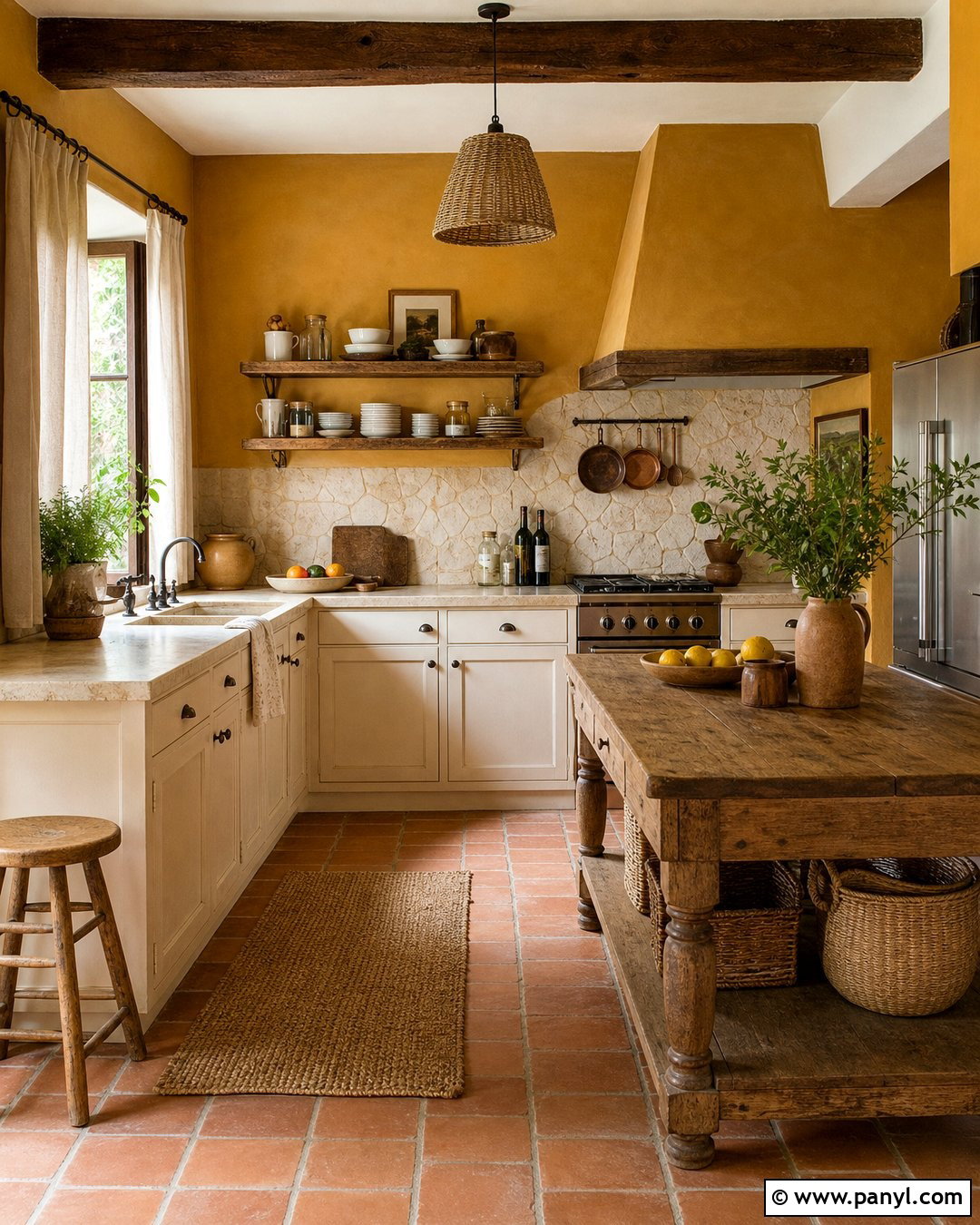 Ochre Yellow Kitchen Walls With Terracotta Floors - 45 Yellow Kitchen Walls