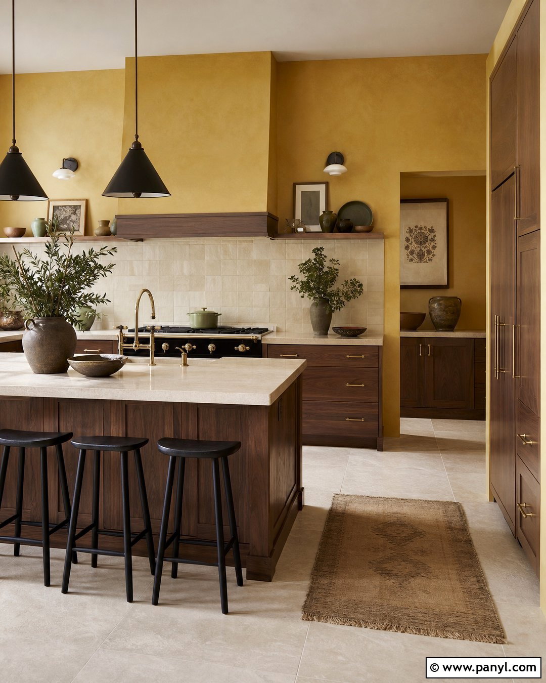 Ochre Yellow Kitchen Walls With Walnut Cabinets - 30 Yellow Wall Kitchen Ideas
