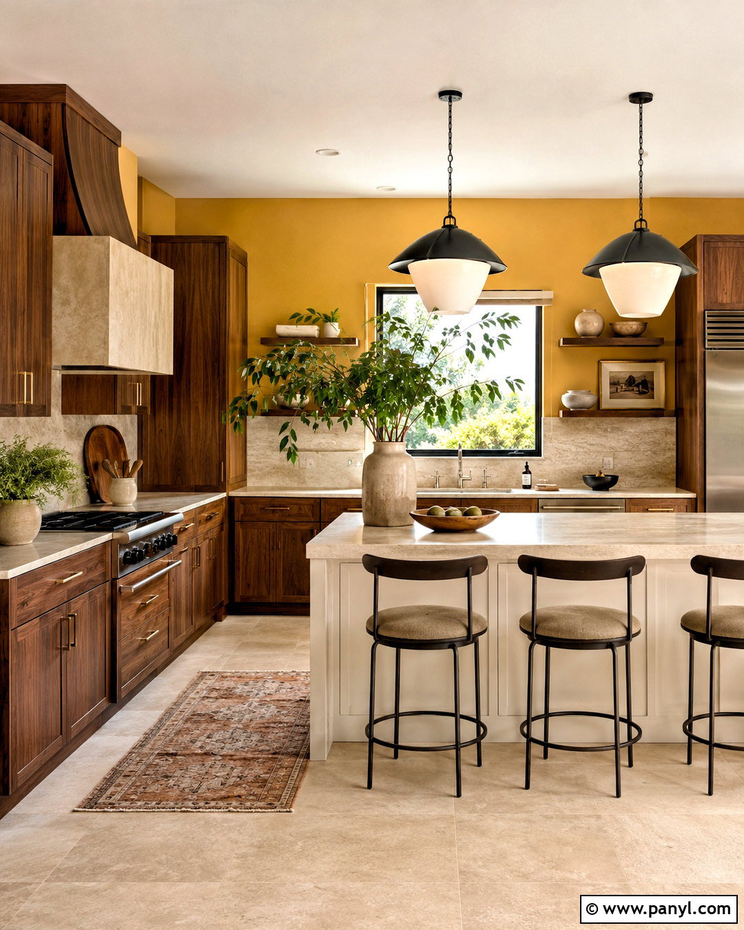 Ochre Yellow Wall Kitchen With Walnut Cabinets - 20 Yellow Wall Kitchen Style Ideas