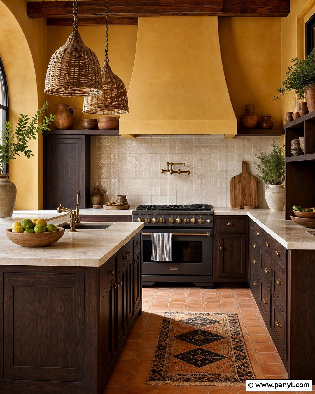 Ochre Yellow Walls With Walnut Cabinets - 30 Yellow Walls Kitchen Ideas