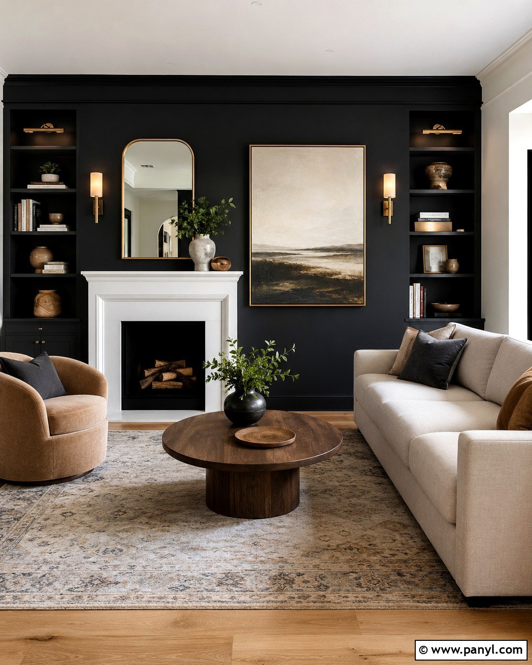 Off-Center White Fireplace On Black Wall - 20 Black Accent Wall White Fireplace Ideas