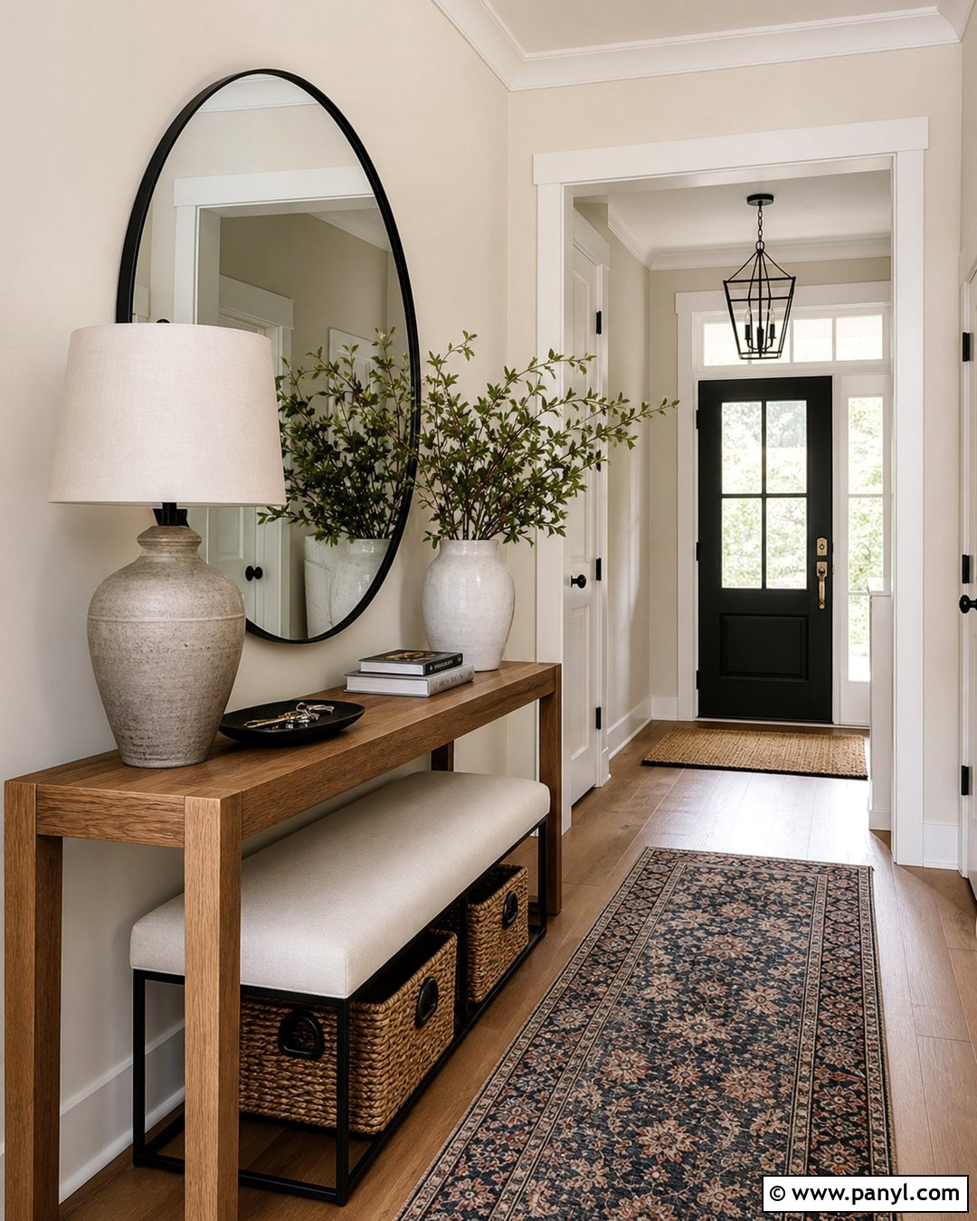 Off White Entryway With Wood Console - 30 off white walls with white trim ideas