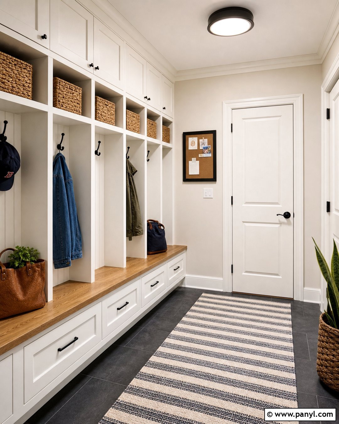 Off White Mudroom With White Storage - 30 off white walls with white trim ideas