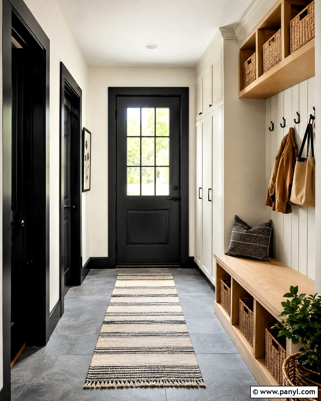 Off White Walls With Black Trim Mudroom - 40 Light Walls With Dark Trim Ideas
