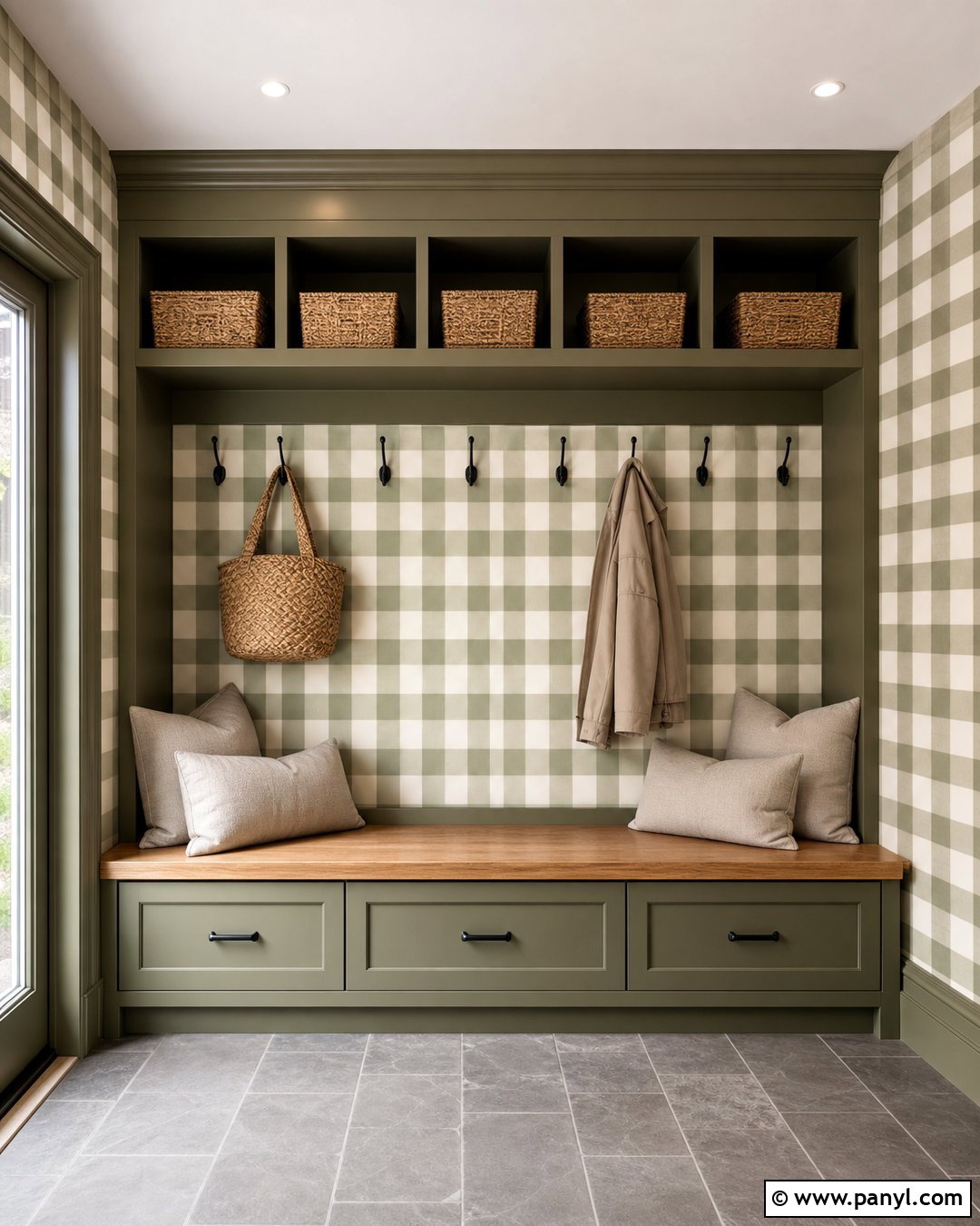 Olive Gingham Painted Mudroom Walls - 30 Gingham Painted Walls