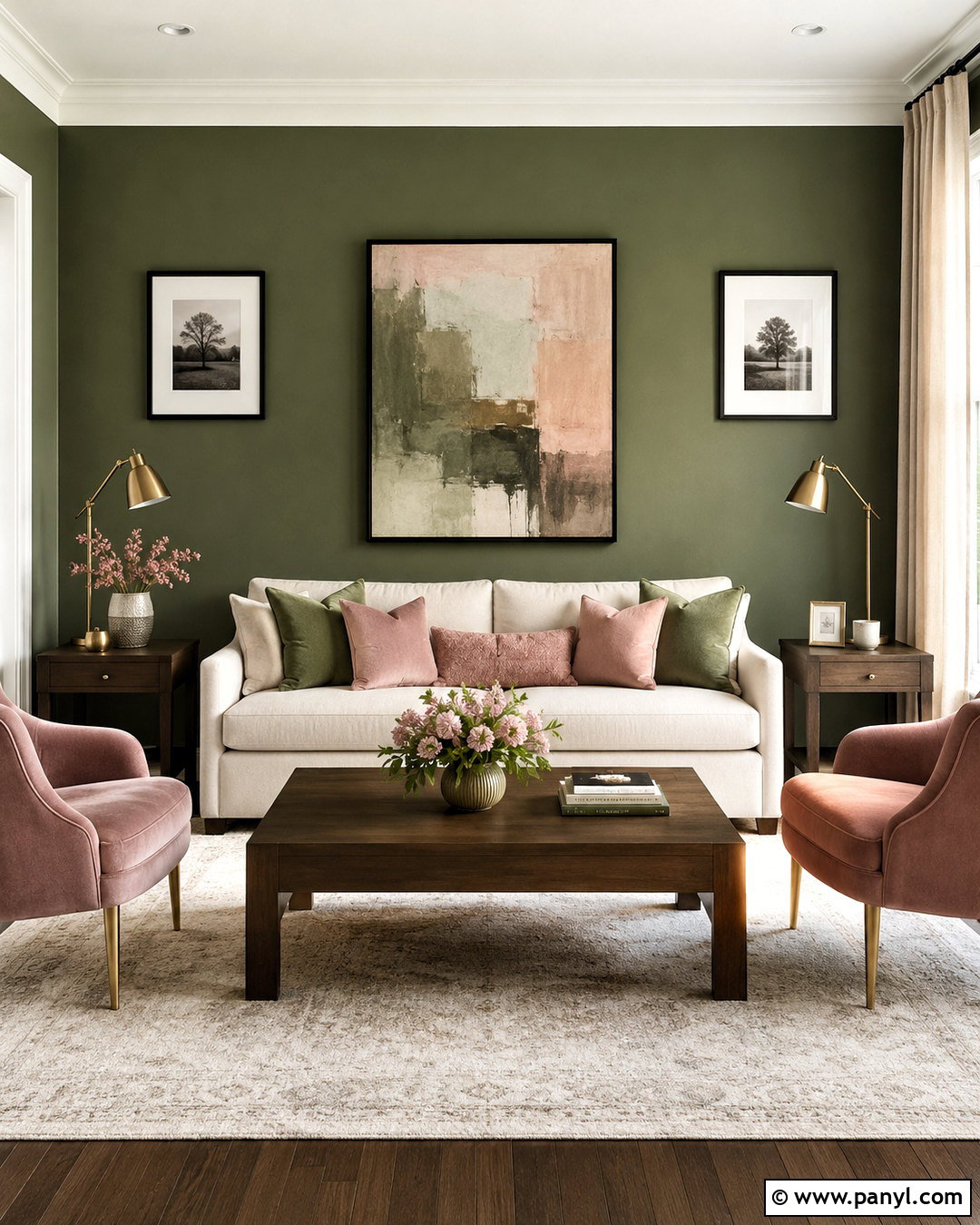 Olive Green Accent Wall With Blush Pink - 20 olive green accent wall living room ideas