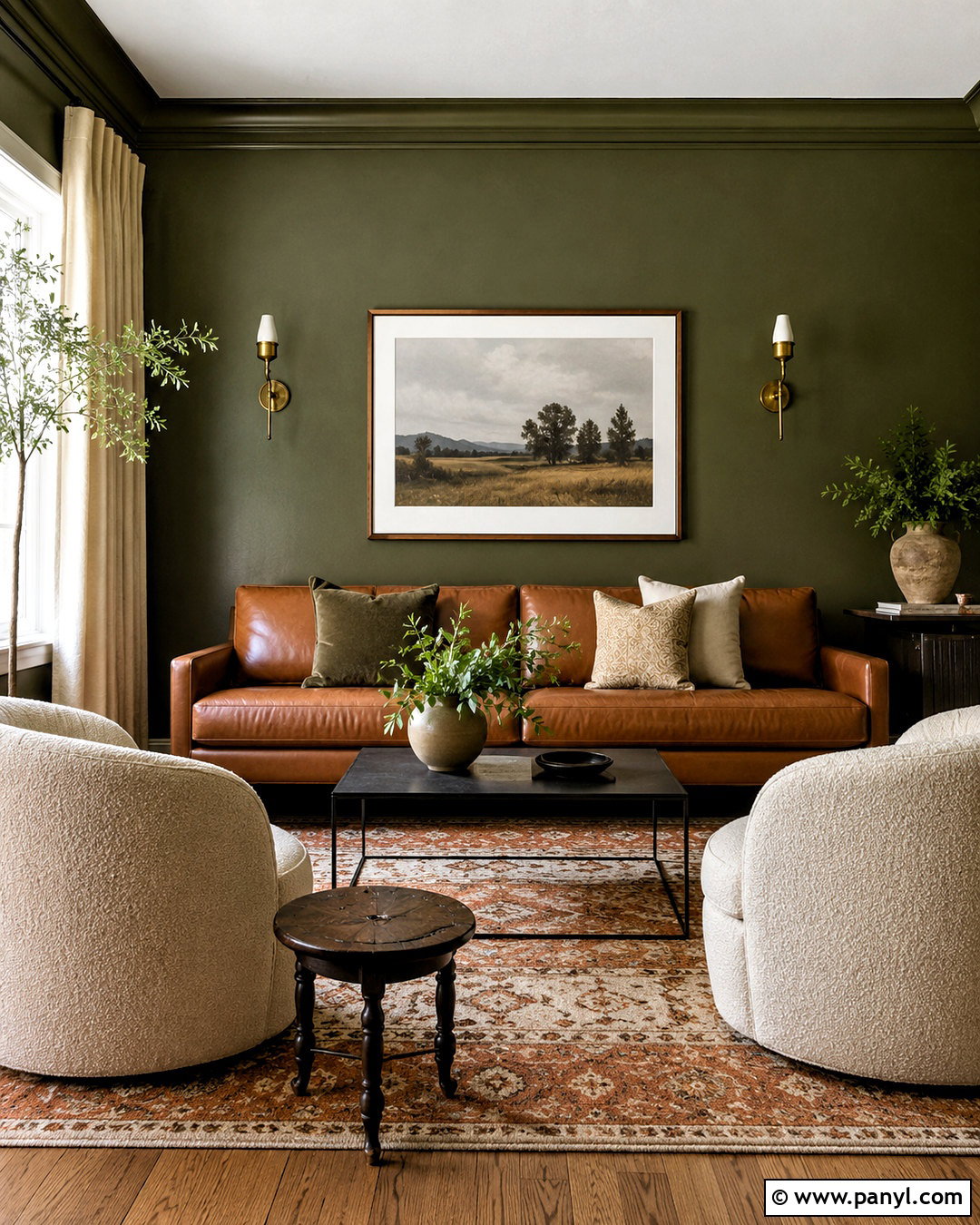 Olive Green Accent Wall With Cognac Leather Sofa - 20 olive green accent wall living room ideas