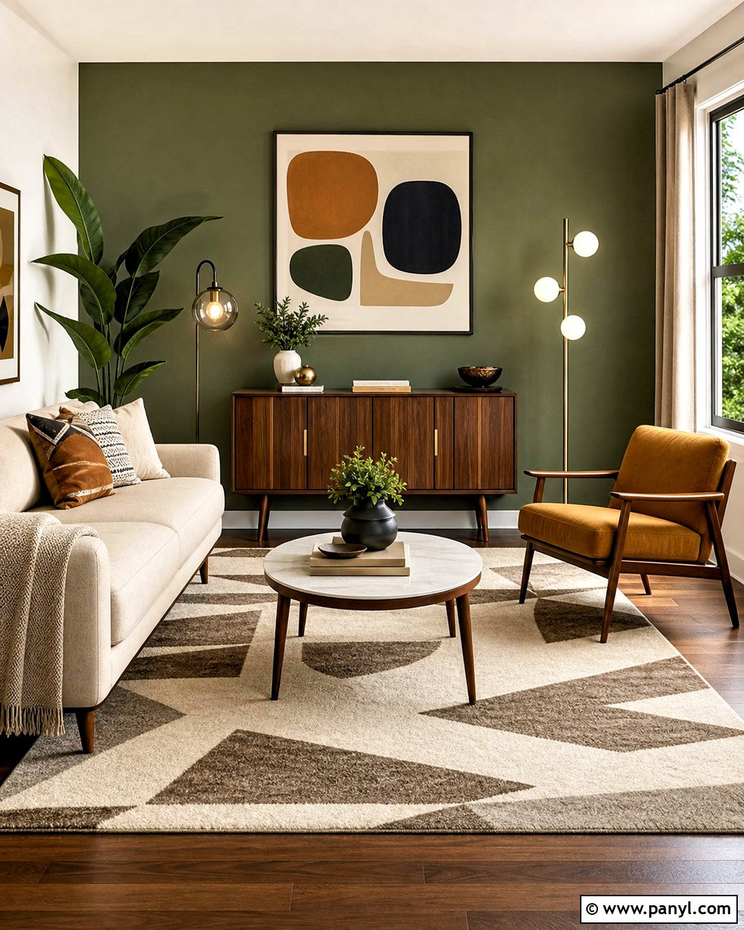 Olive Green Accent Wall With Mid-Century Furniture - 20 green accent wall living room ideas
