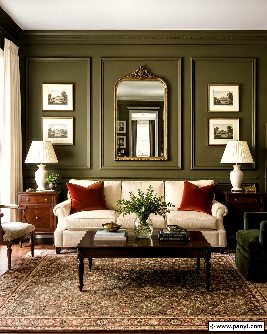 Olive Green Accent Wall With Picture Frame Molding - 20 olive green accent wall living room ideas