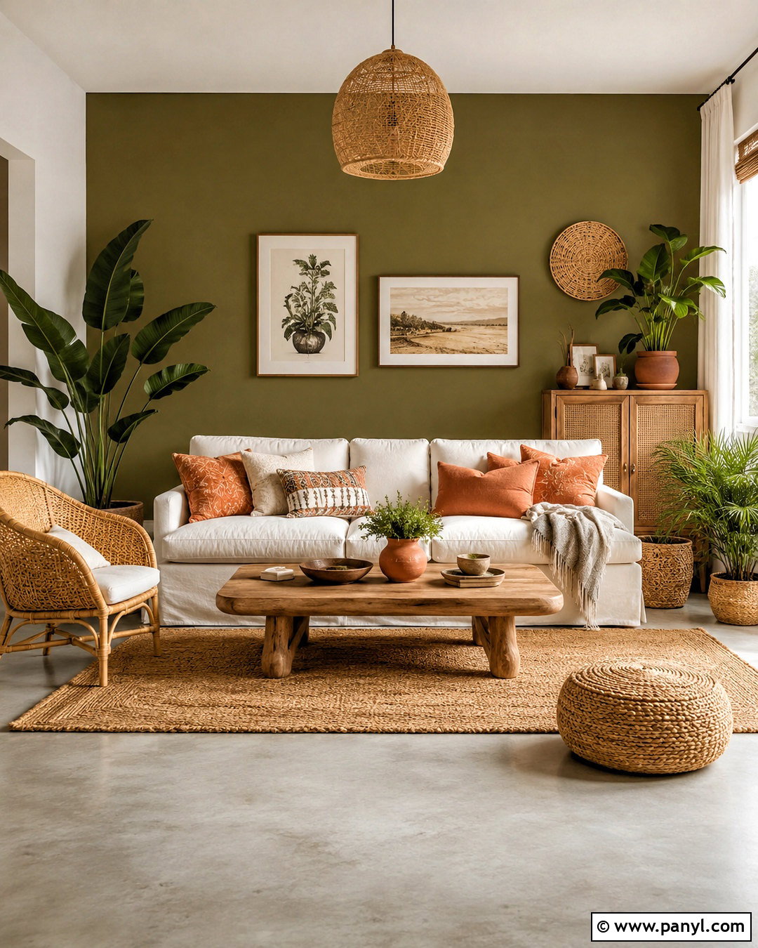 Olive Green Accent Wall With Rattan Decor - 20 olive green accent wall living room ideas