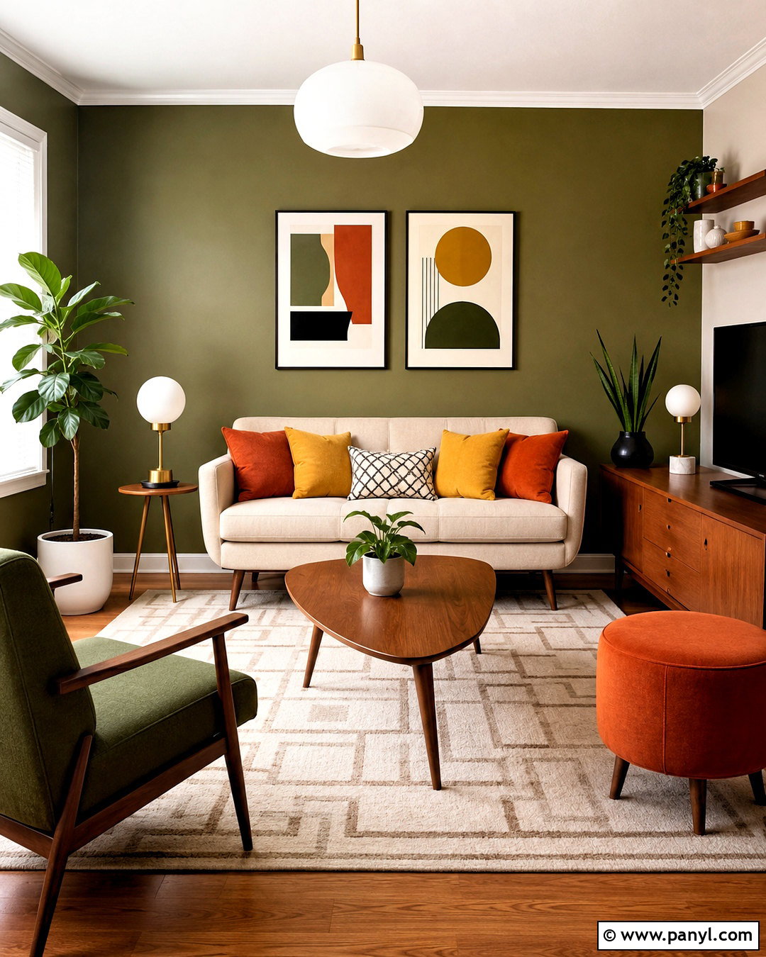 Olive Green Accent Wall With Walnut Furniture - 20 olive green accent wall living room ideas