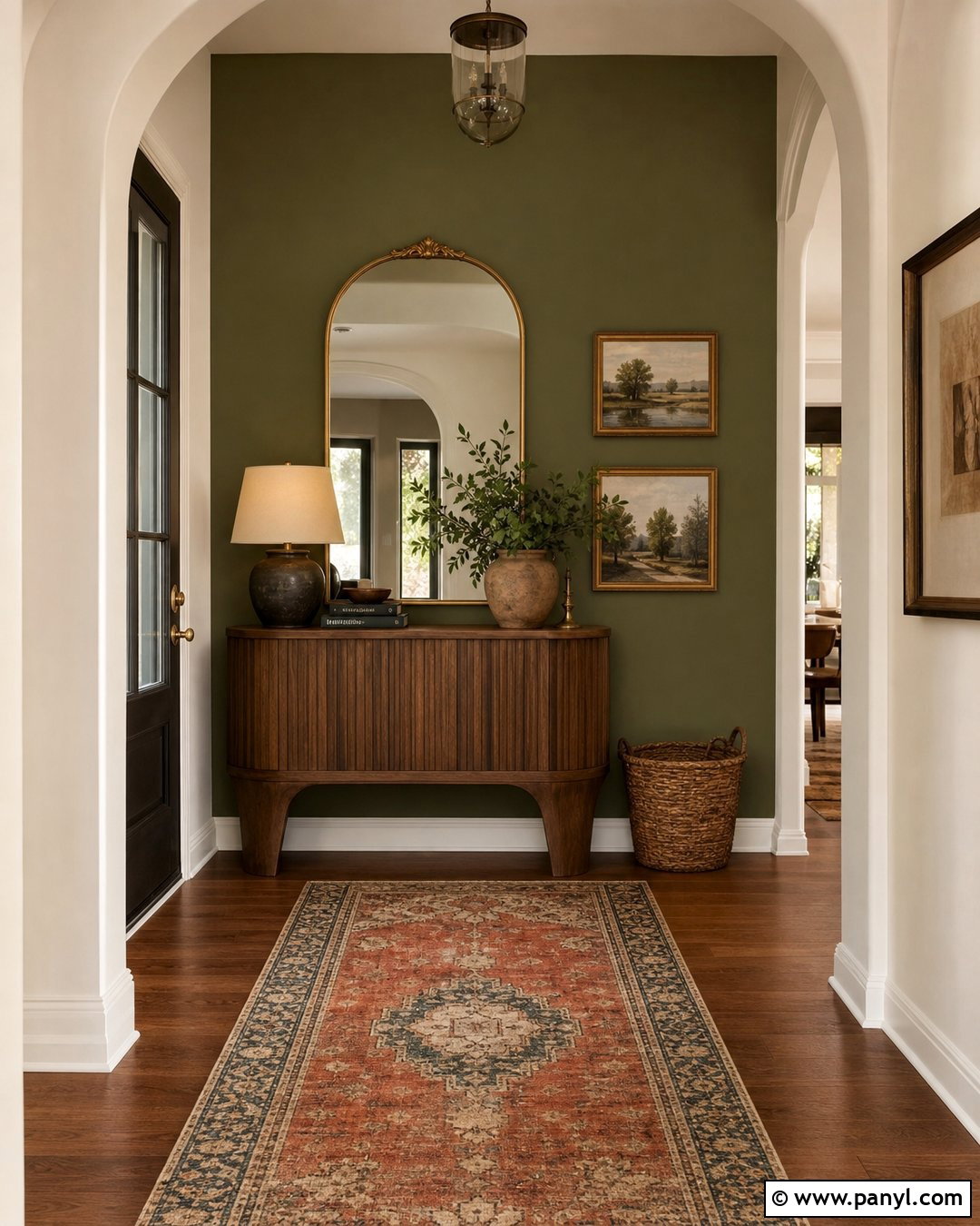 Olive Green Accent Wall With Walnut Furniture - 20 Green Accent Wall Foyer Ideas