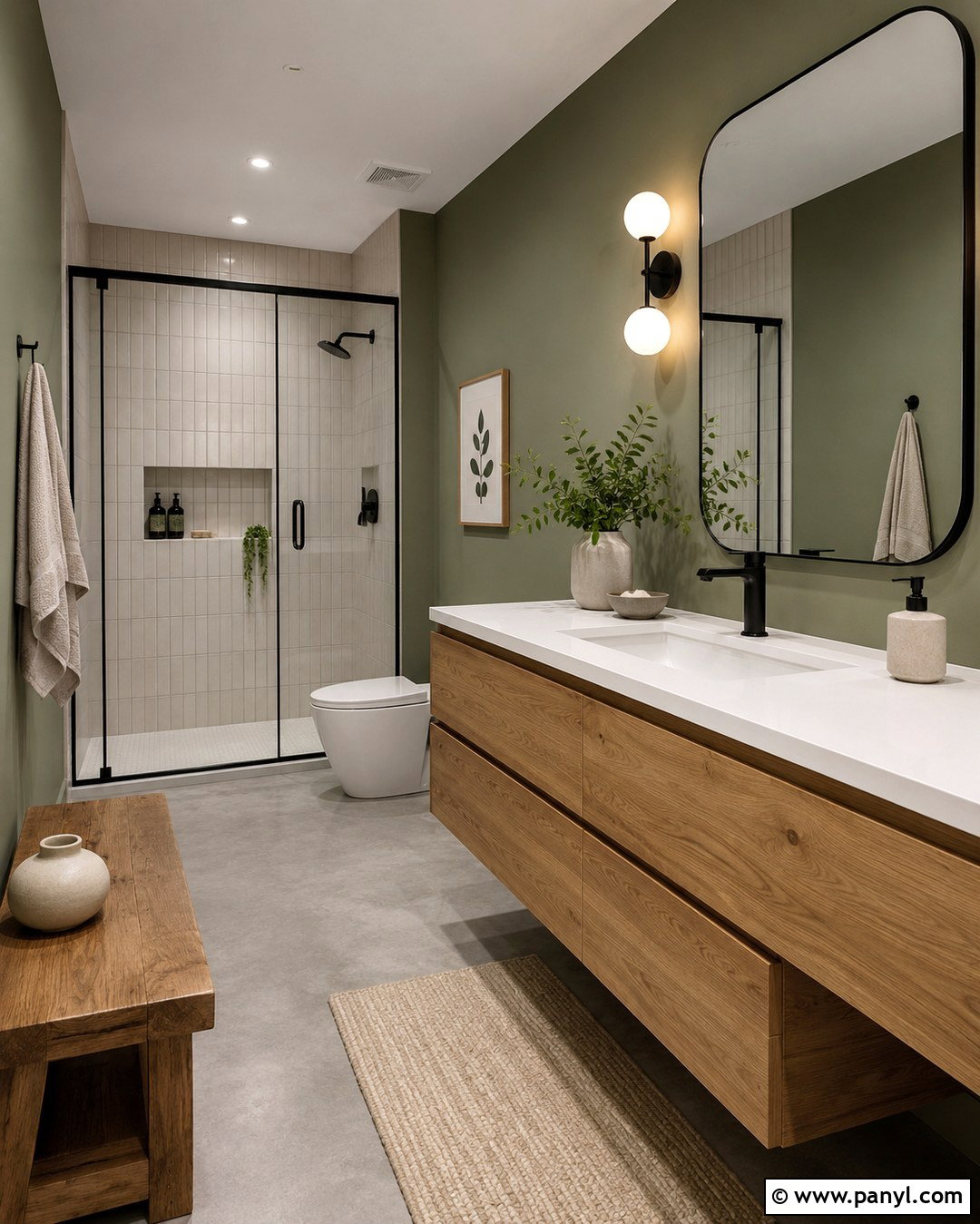 Olive Green Bathroom With Concrete Grey Floor - 20 Bathroom Green Walls Grey Floor Ideas