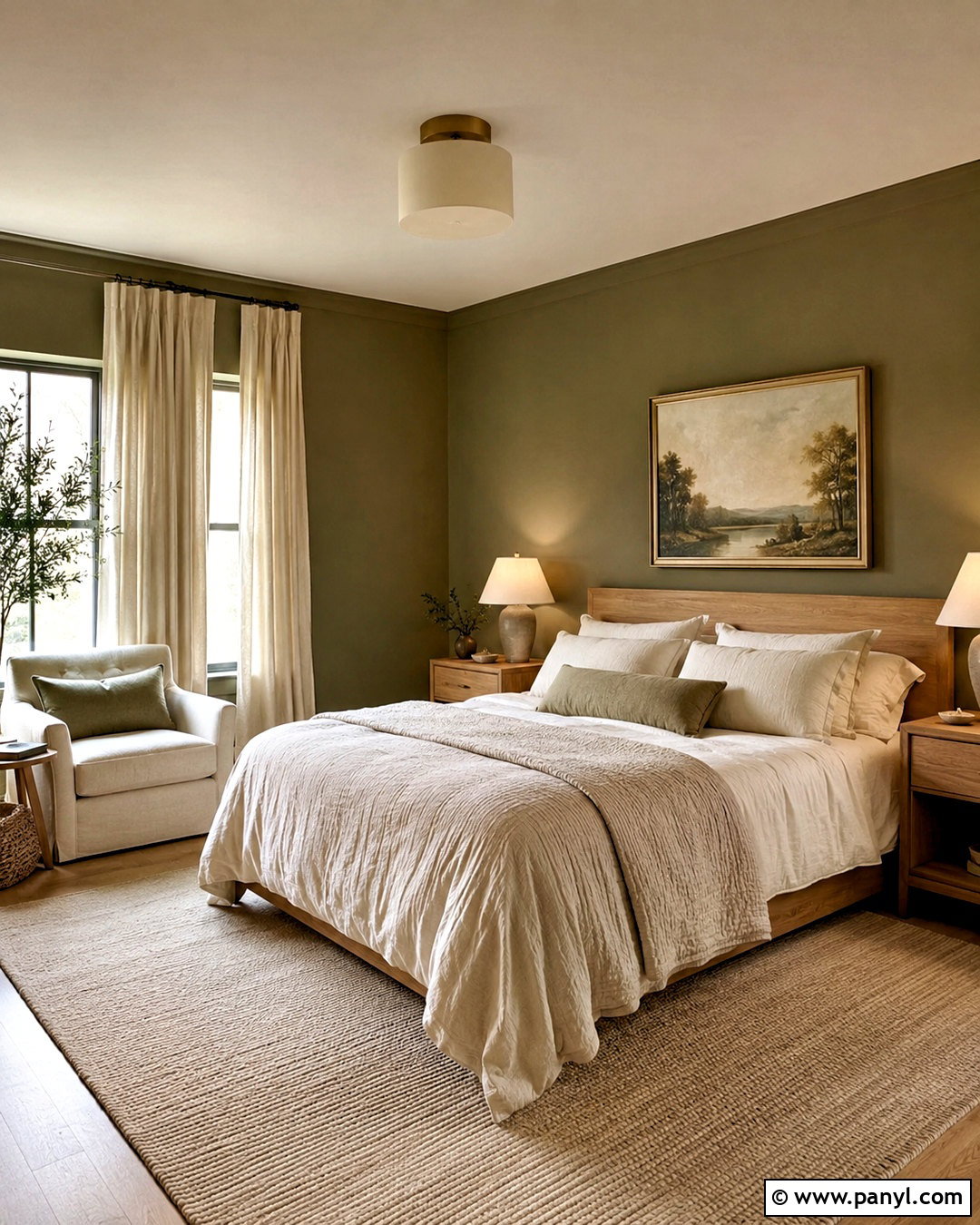 Olive Green Bedroom With Linen Bedding - 40 olive green walls
