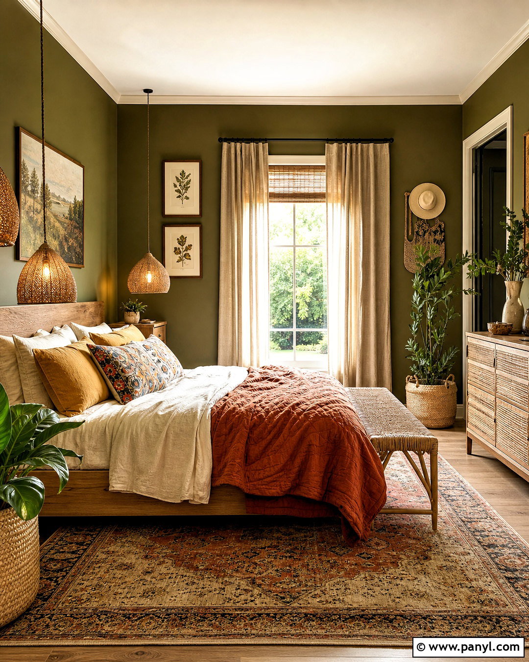 Olive Green Boho Bedroom - 20 green room aesthetic ideas