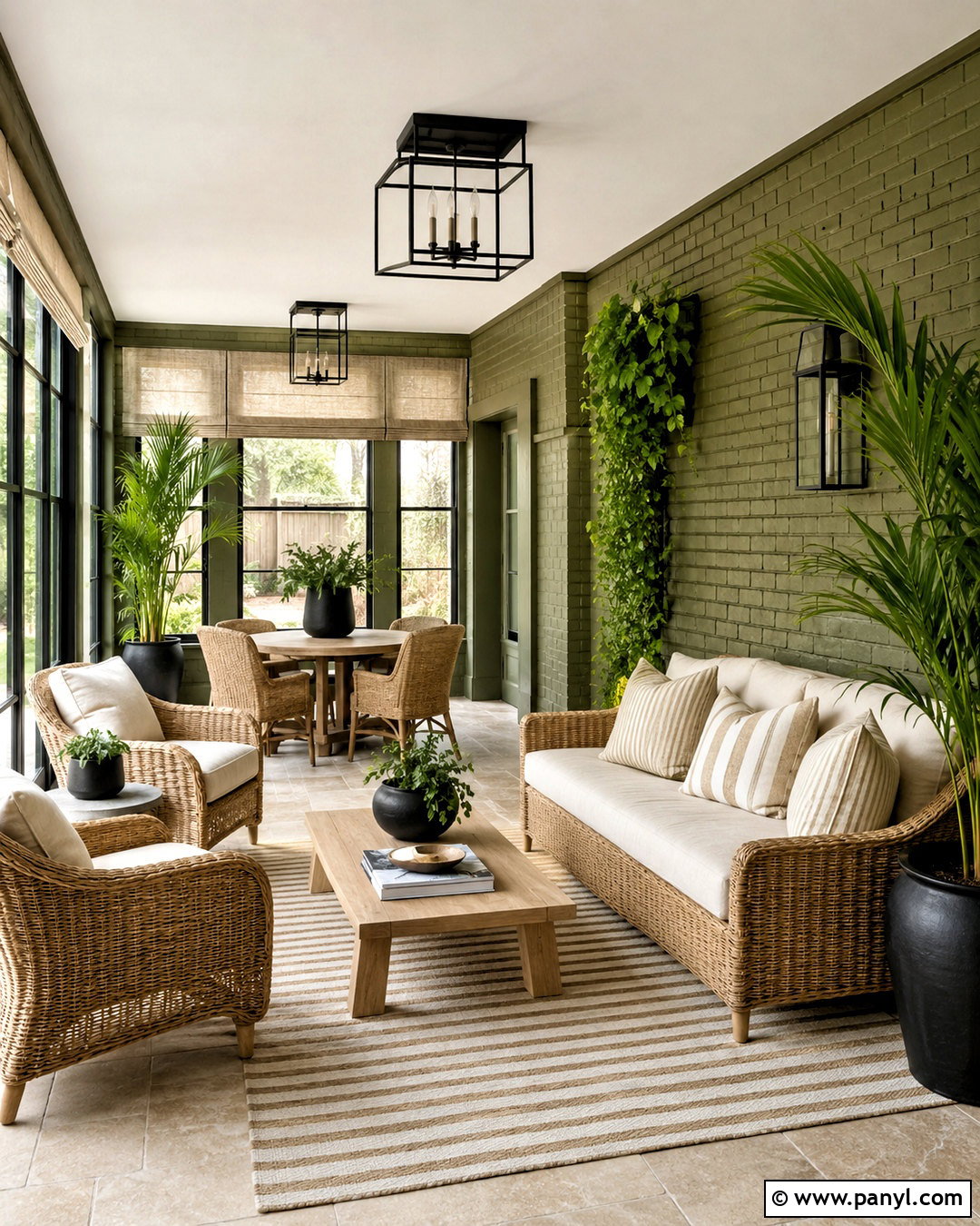 Olive Green Brick Wall Sunroom - 20 colored brick wall interior design ideas