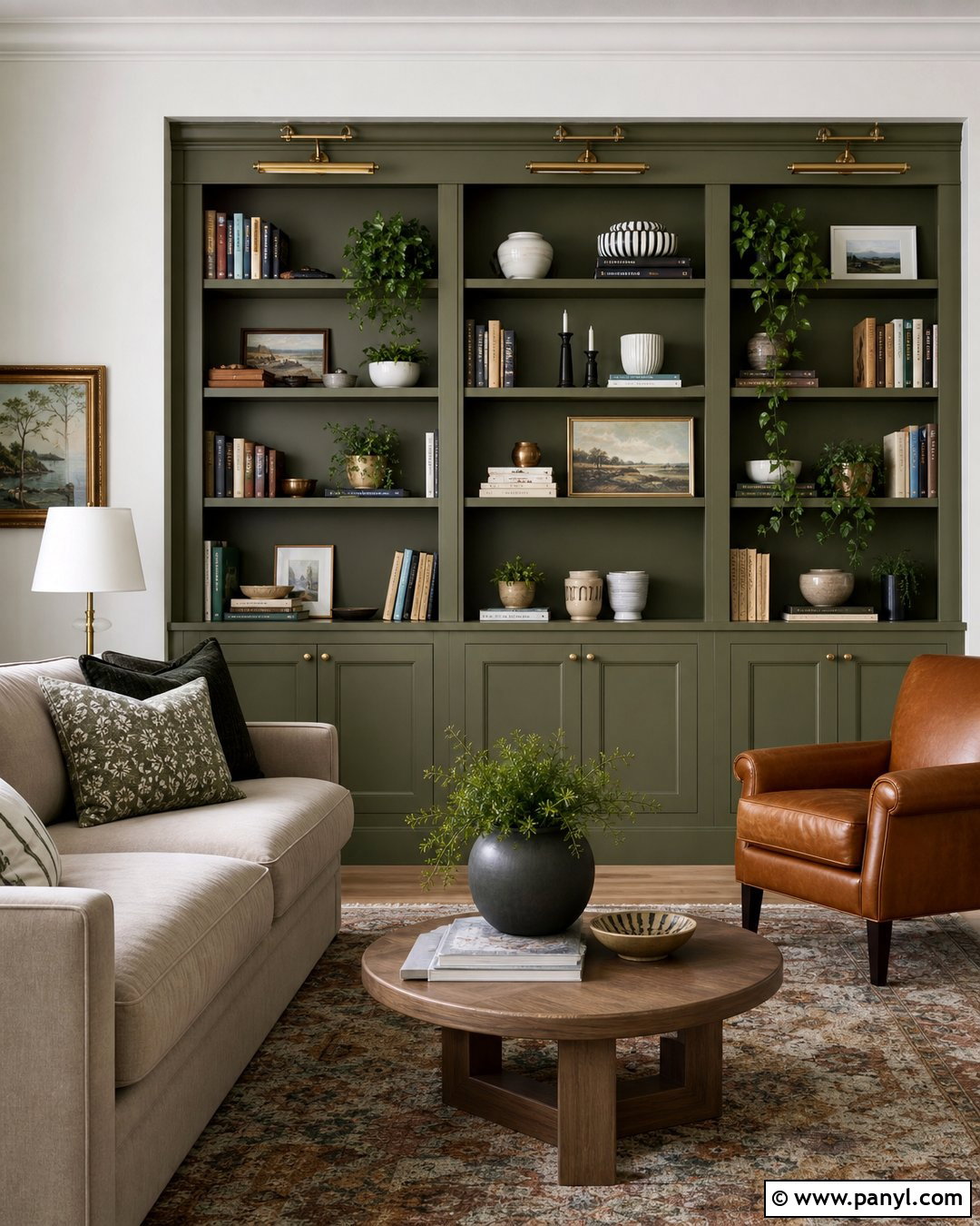 Olive Green Built-In Bookshelves - 20 Olive Green Wall Living Room Ideas