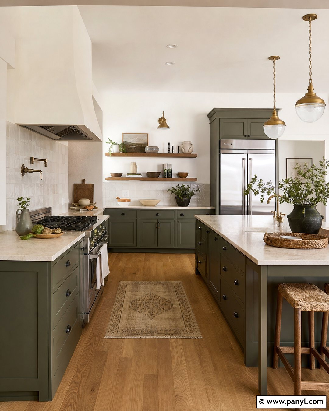 Olive Green Cabinets With Linen White Walls - 20 Kitchen Cabinet And Wall Paint Ideas