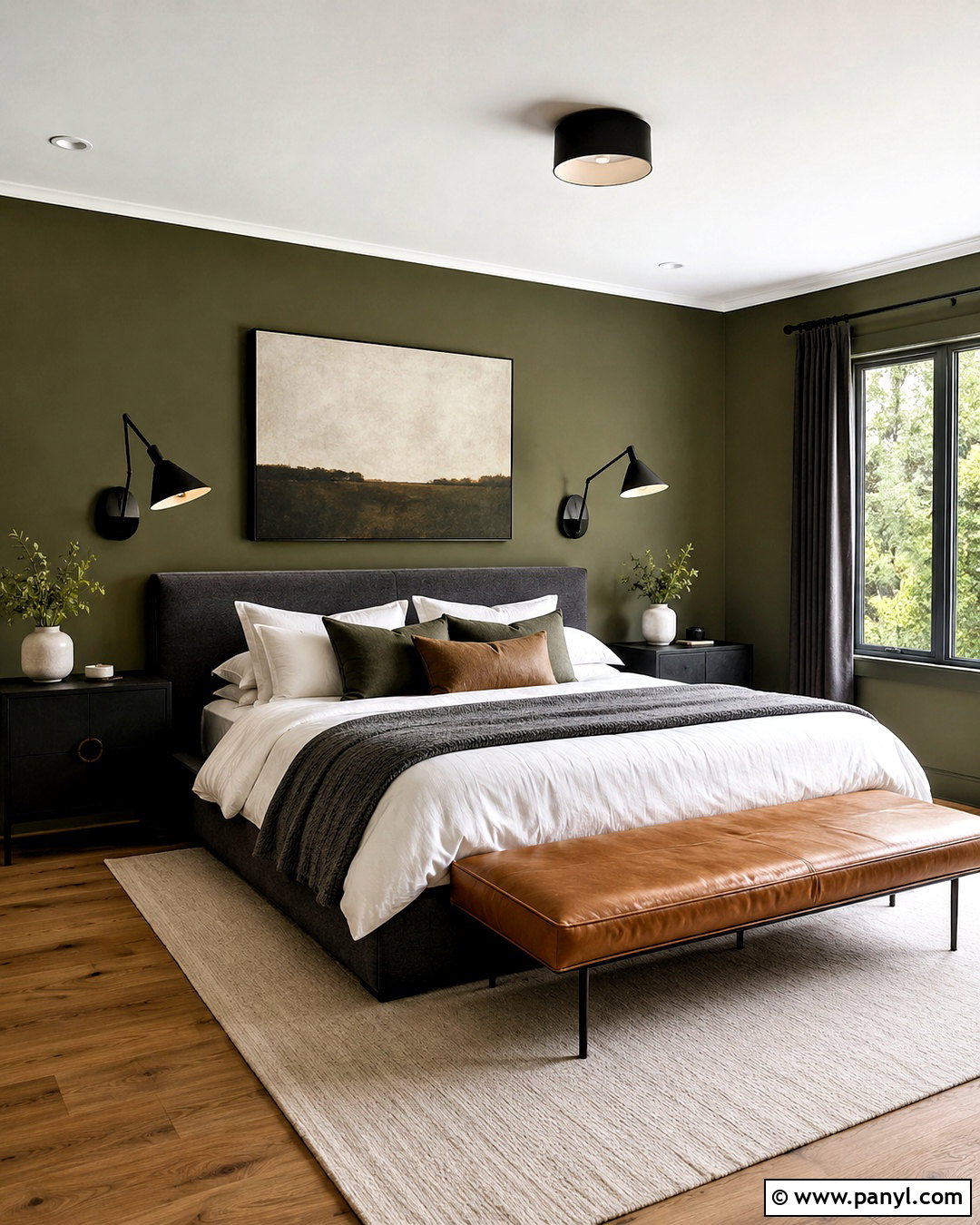 Olive Green Charcoal And Cognac Bedroom - 20 olive green color palette ideas