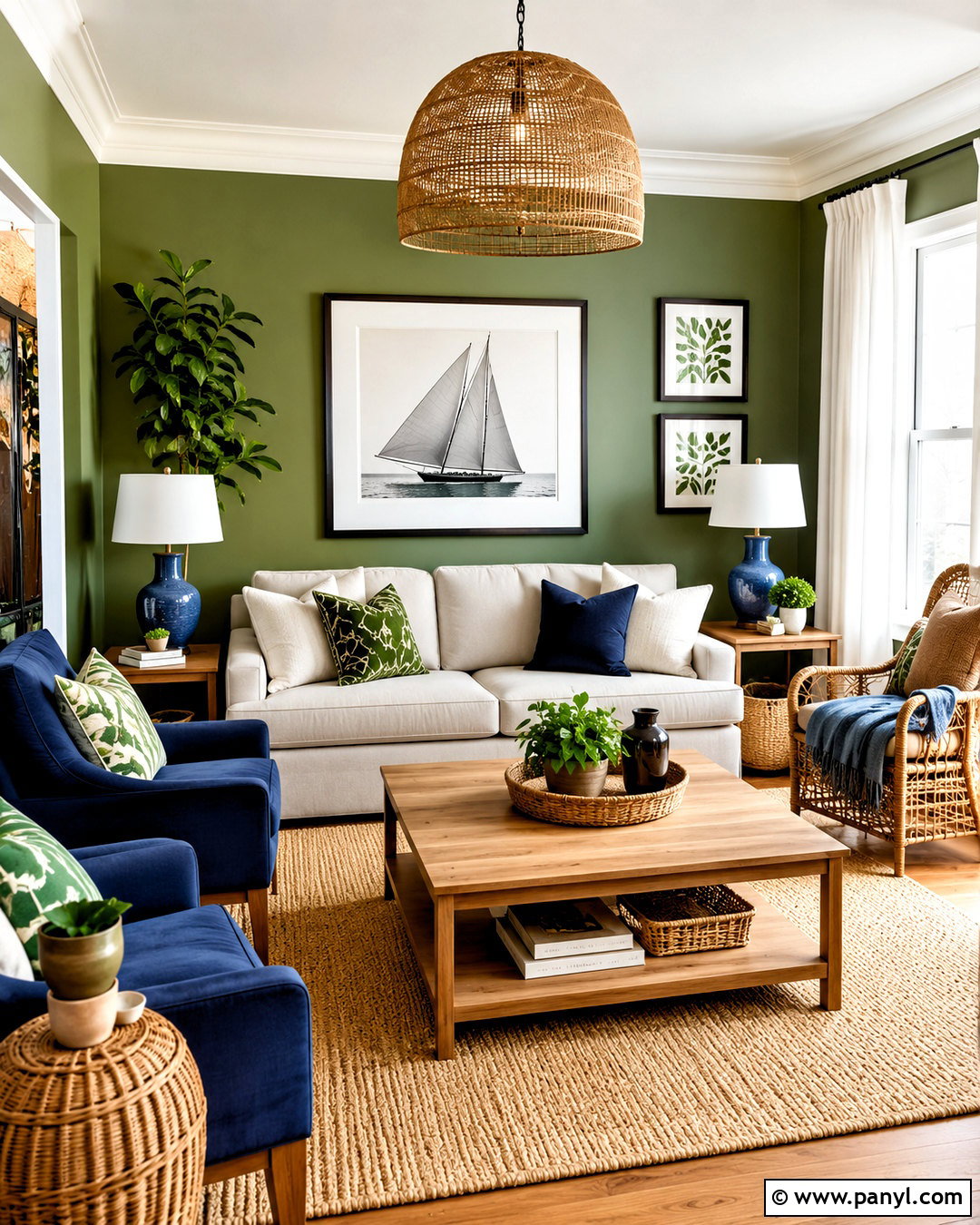 Olive Green Cobalt Blue And Rattan Living Room - 20 olive green color palette ideas