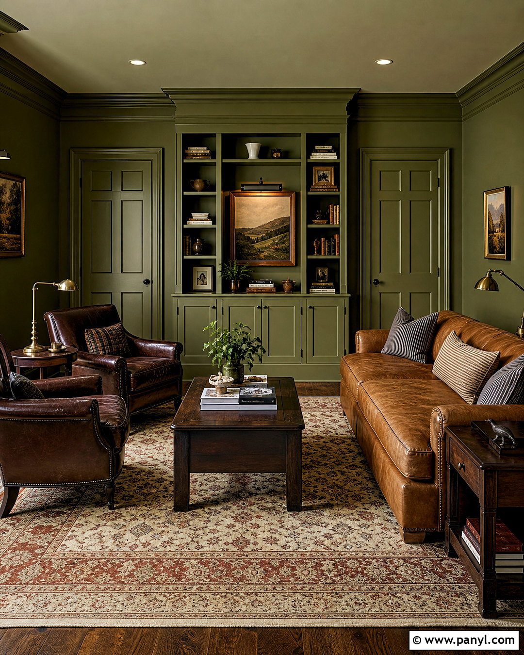 Olive Green Color Drenched Den - 20 interior paint ideas