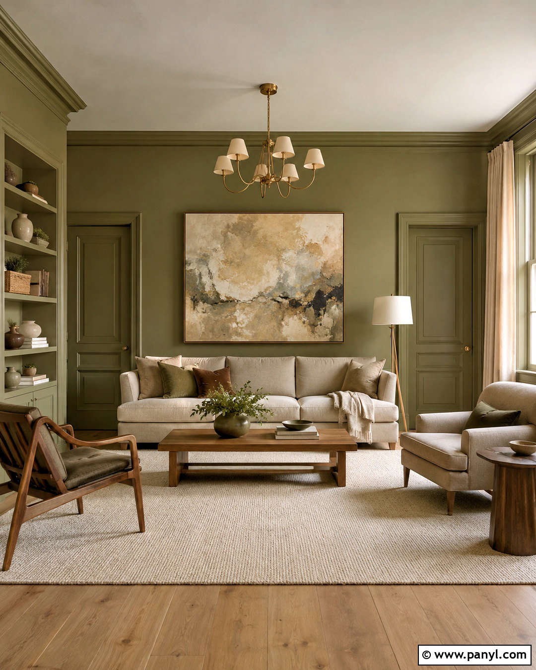 Olive Green Color Drenched Living Hall - 20 living hall wall painting ideas